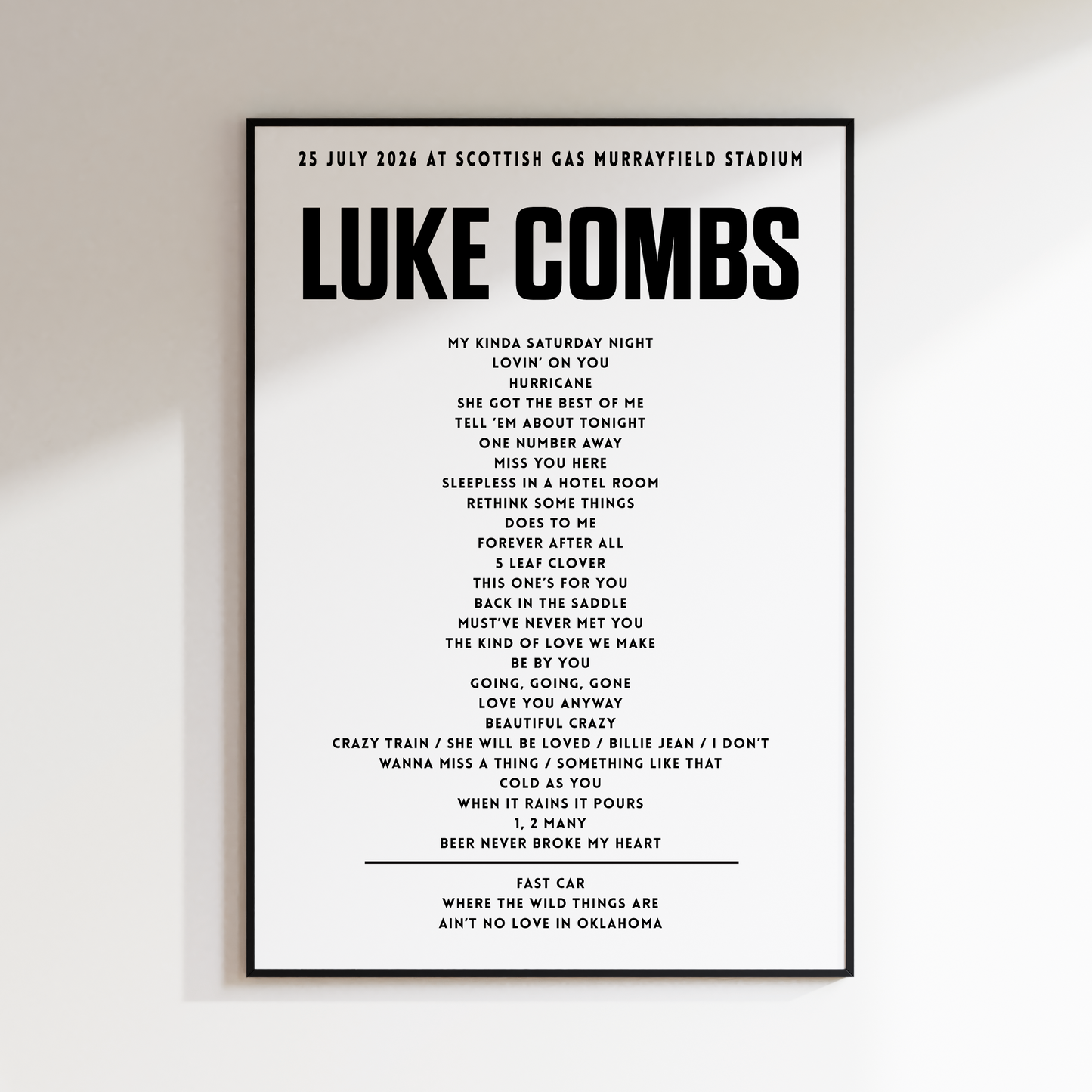 Luke Combs setlist – 25th July 2026 at Scottish Gas Murrayfield Stadium, Edinburgh, Scotland