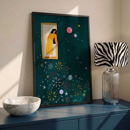 Girl and Cosmic Fireworks