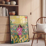 Woman in spring tulip field