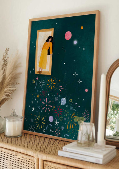 Girl and Cosmic Fireworks